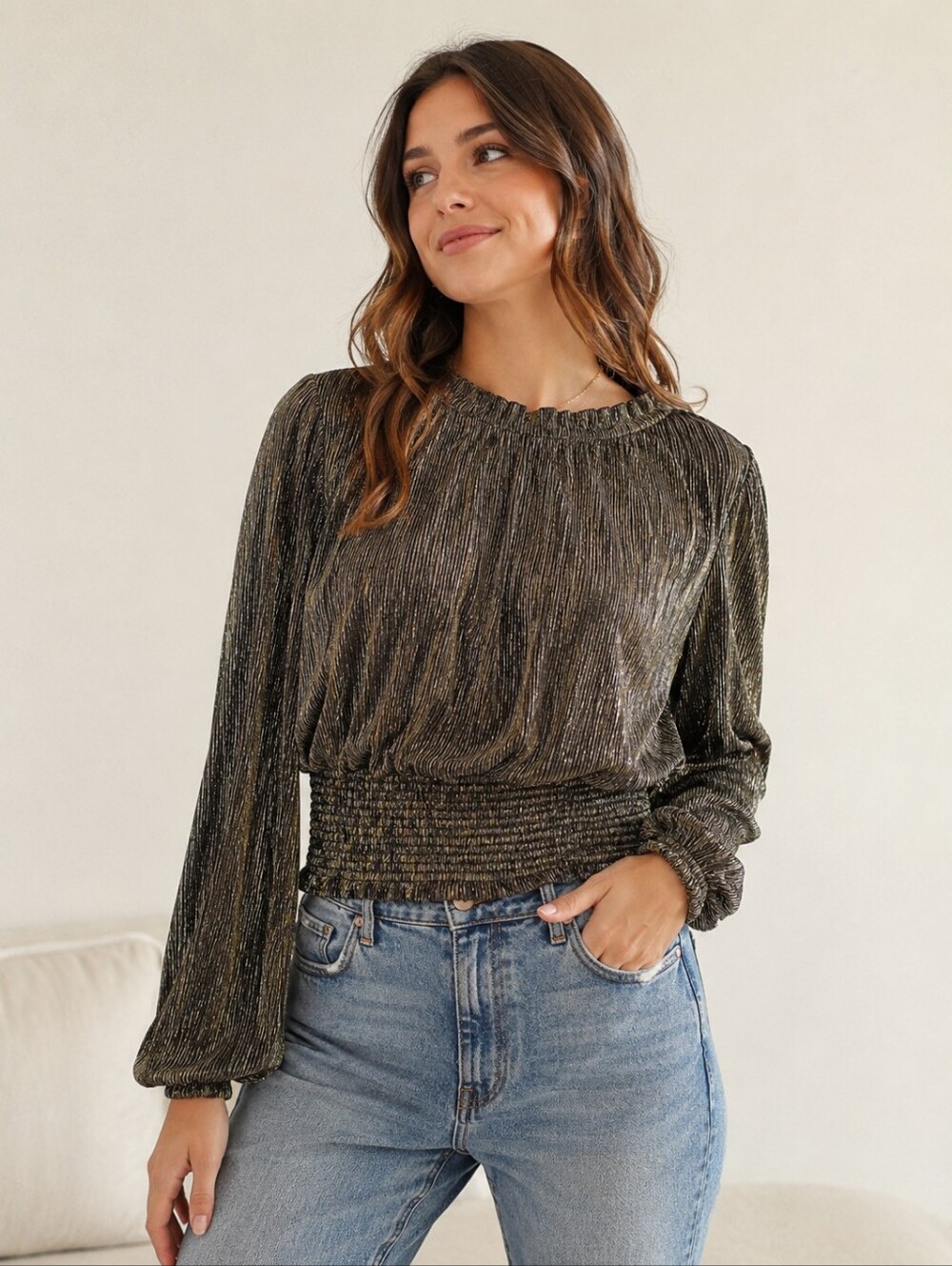 Joie Gold Metallic Pleated Smocked Long Sleeve Blouse XL